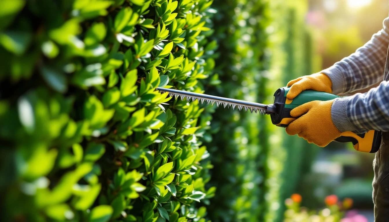 Taille de haie avec un taille-haie électrique sur une haie de thuyas bien formée