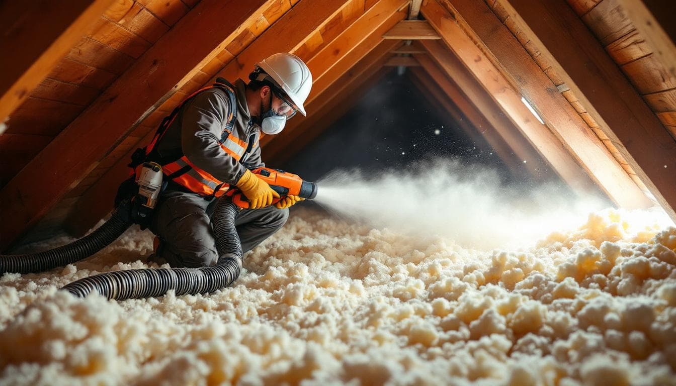 Technicien projetant de l'isolant en vrac dans des combles perdus