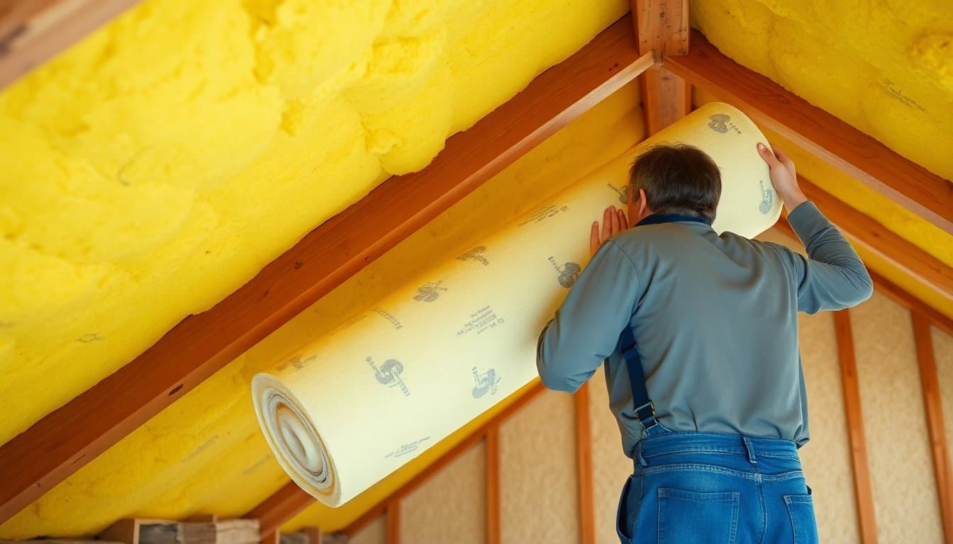 Artisan posant de l'isolant thermique dans les combles d'une maison