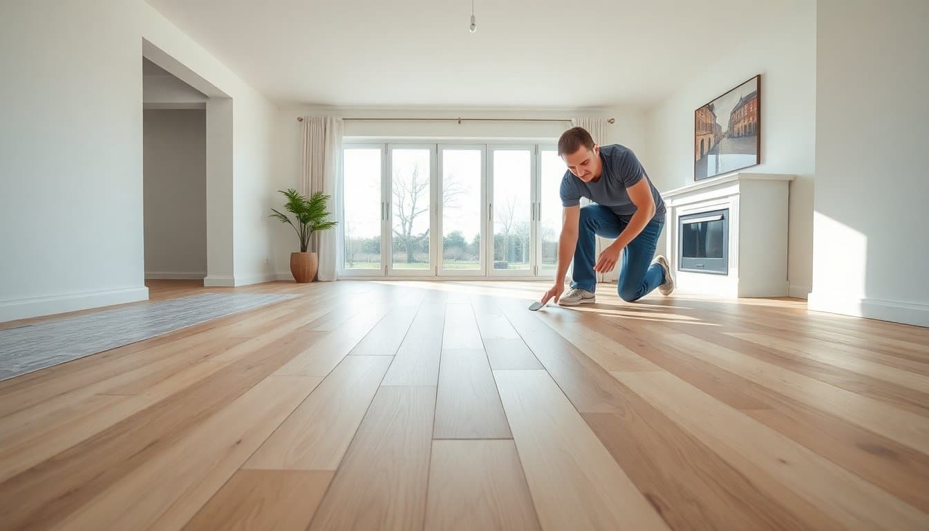 Pose de parquet flottant stratifié dans un salon, lames clipsées avec espace de dilatation