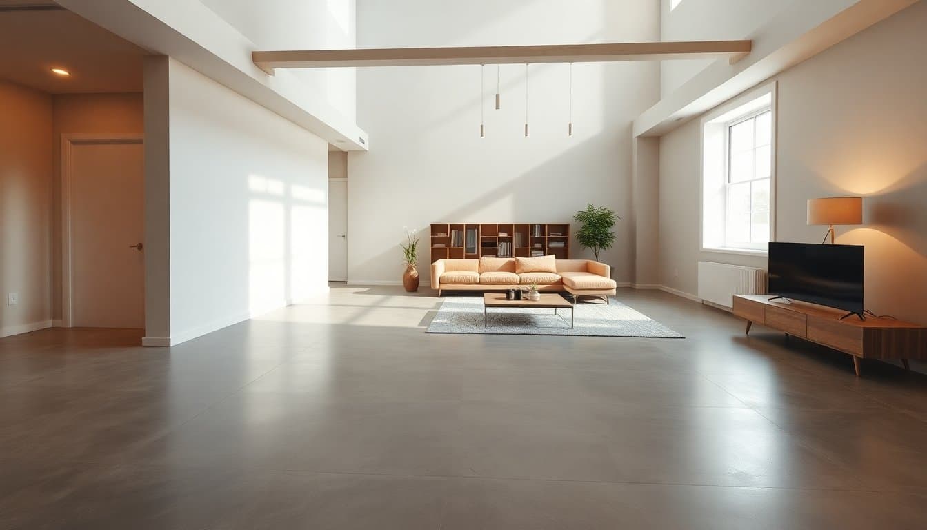 Sol effet béton ciré réalisé en colle à carrelage dans un intérieur moderne