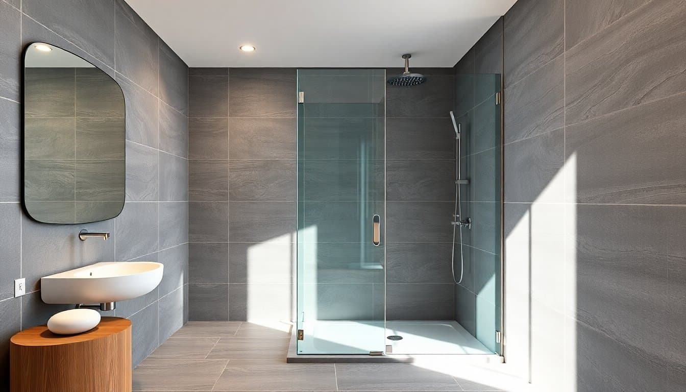 Douche italienne moderne avec paroi vitrée et carrelage grand format