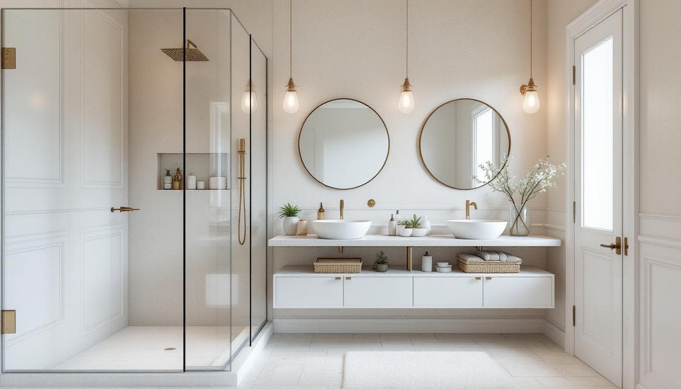 Petite salle de bain moderne et lumineuse avec douche vitrée et rangements muraux
