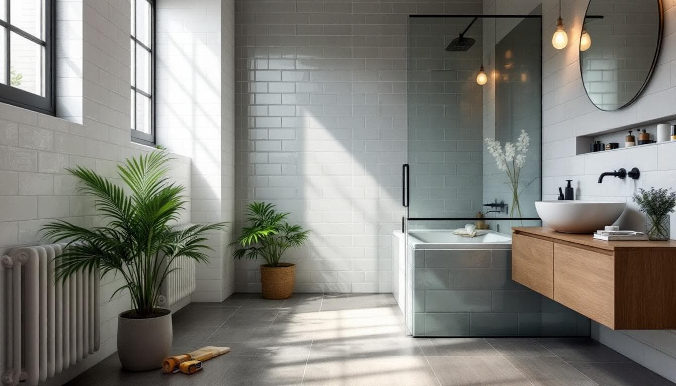 Salle de bain en cours de rénovation avec outils et carrelage neuf posé au sol